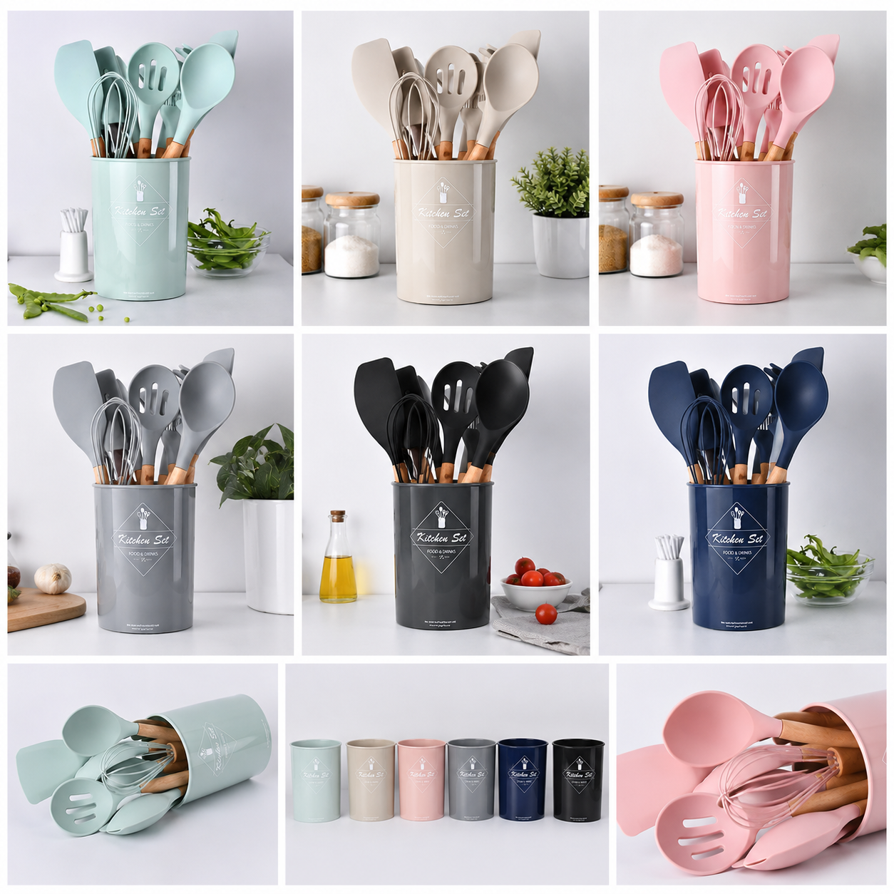 12 PCs Non stick Silicone Cooking Set-Fresh with Wooden Handle Cooking Tool Set
